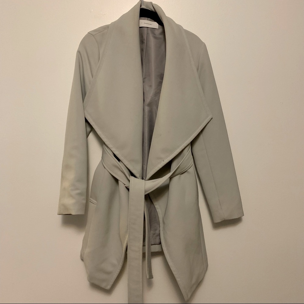 T Tahari Womens Trench Coat Abbey Silver Gray Wrap Belted Jacket